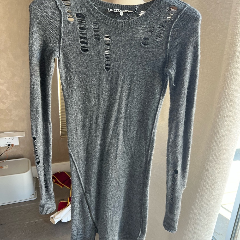 Pam & Gela Gray Long Sleeve Distressed Dress